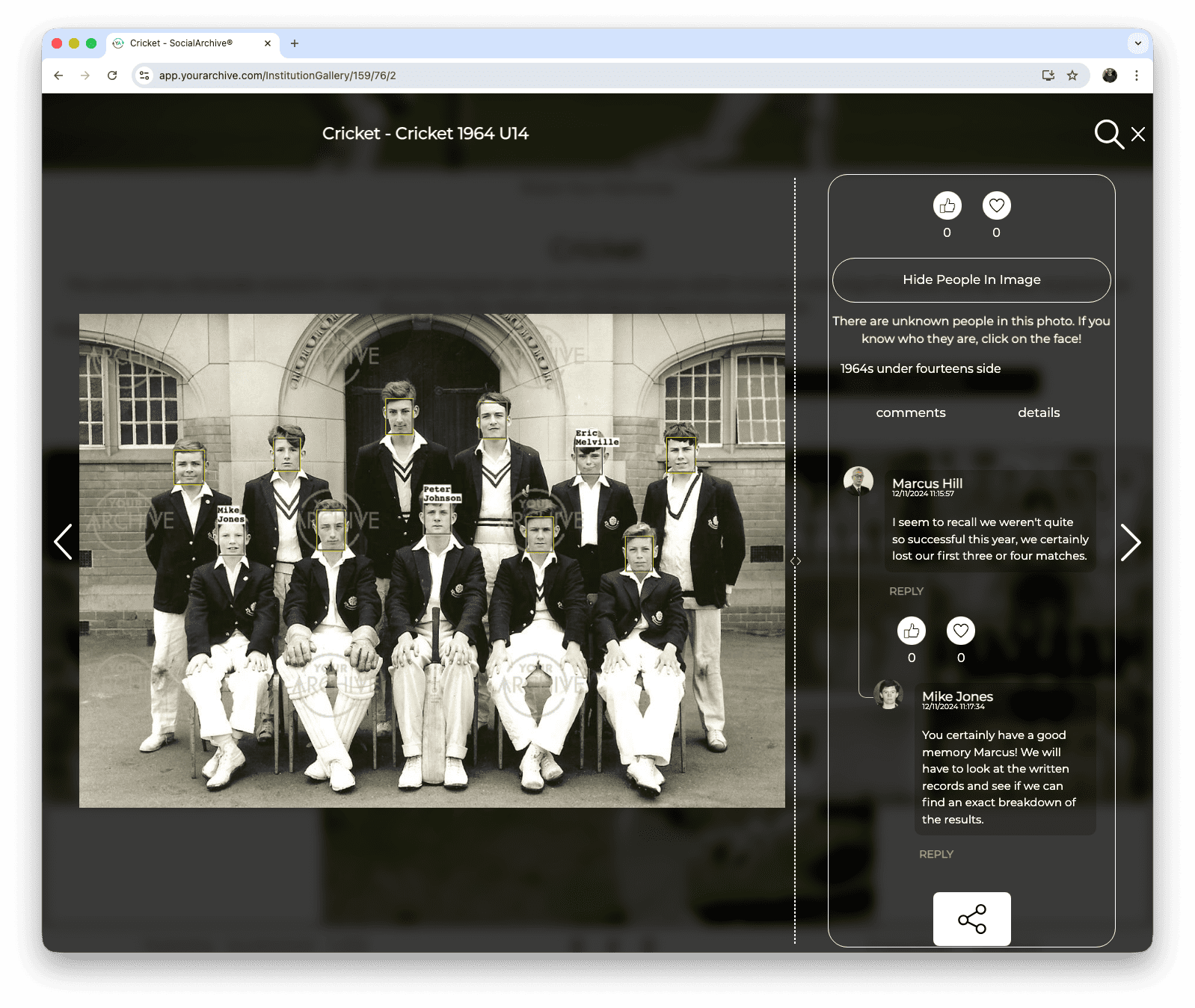 Under-14 school cricket team photograph shared on a digital archive platform with faces identified, player names tagged and nostalgic comments from the school community.