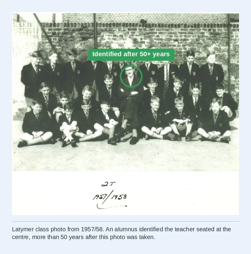 1957/58 school class photo with the teacher at the centre highlighted, identified by a Latymer alumnus more than 50 years later