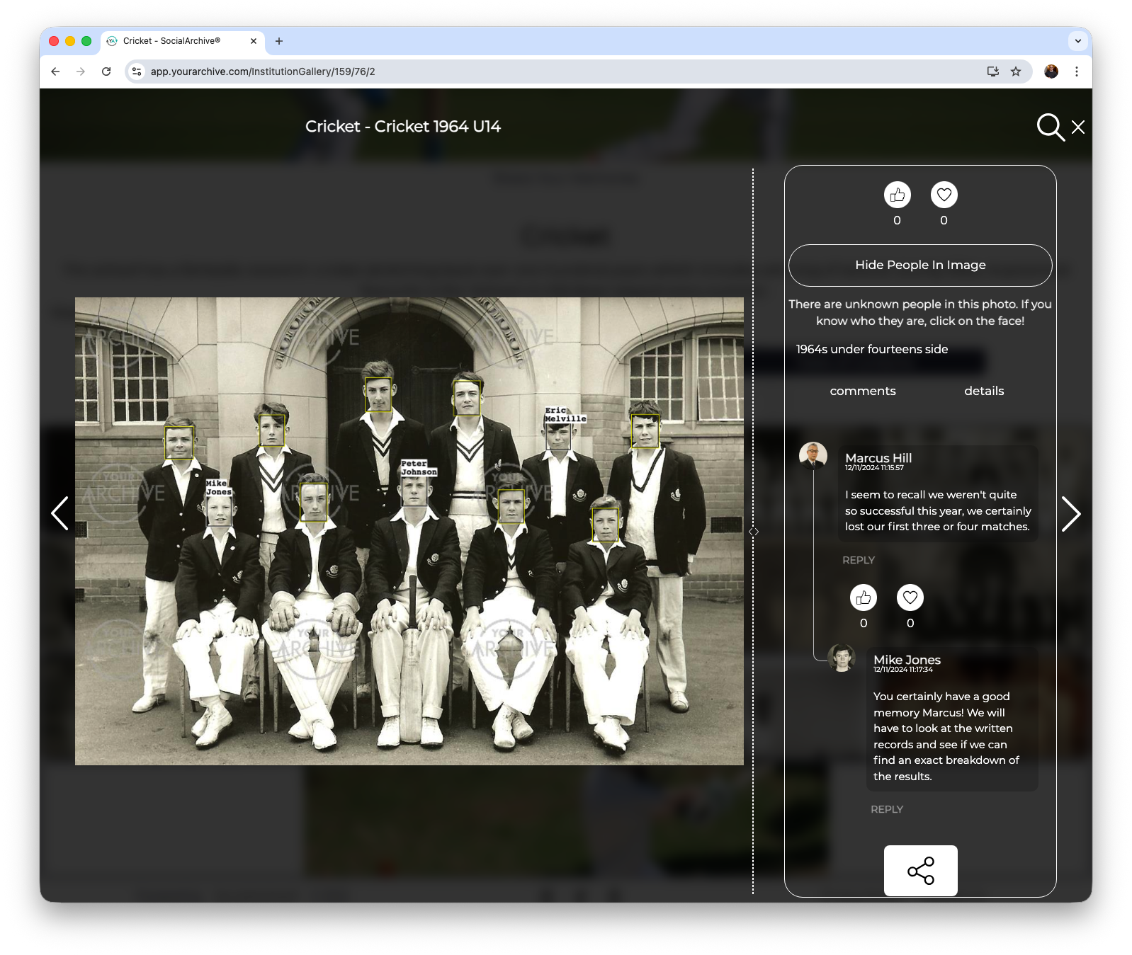 Under-14 school cricket team photograph shared on a digital archive platform with faces identified, player names tagged and nostalgic comments from the school community.