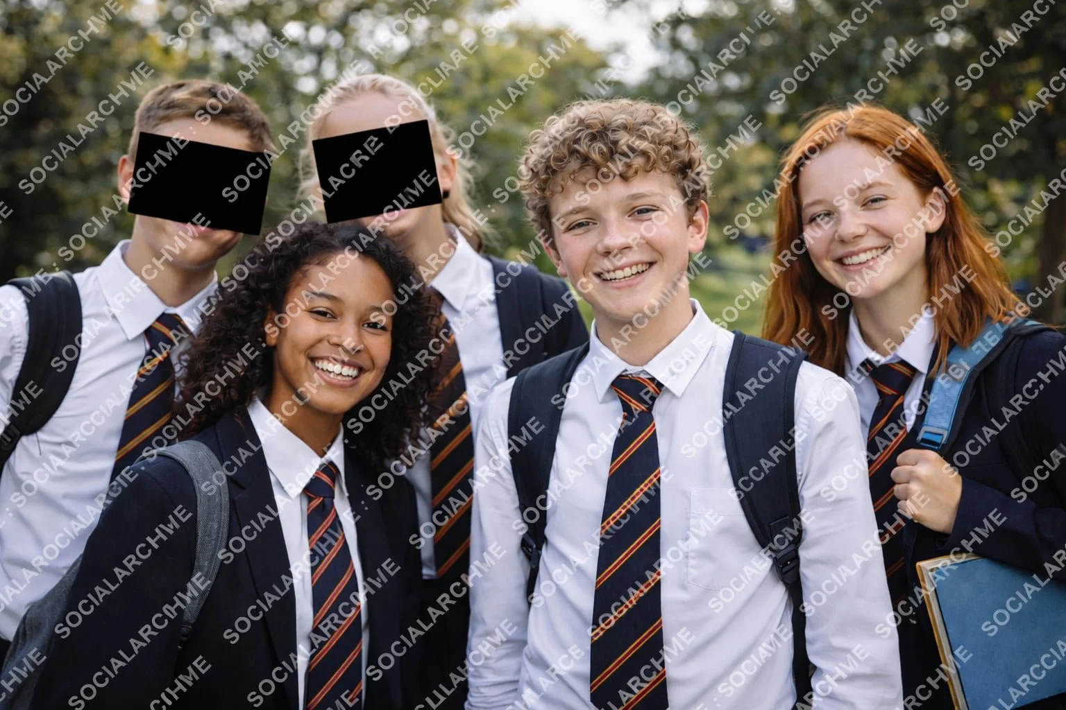 Secondary school student group photo with some faces redacted and watermark applied to demonstrate secure photo sharing and consent protection