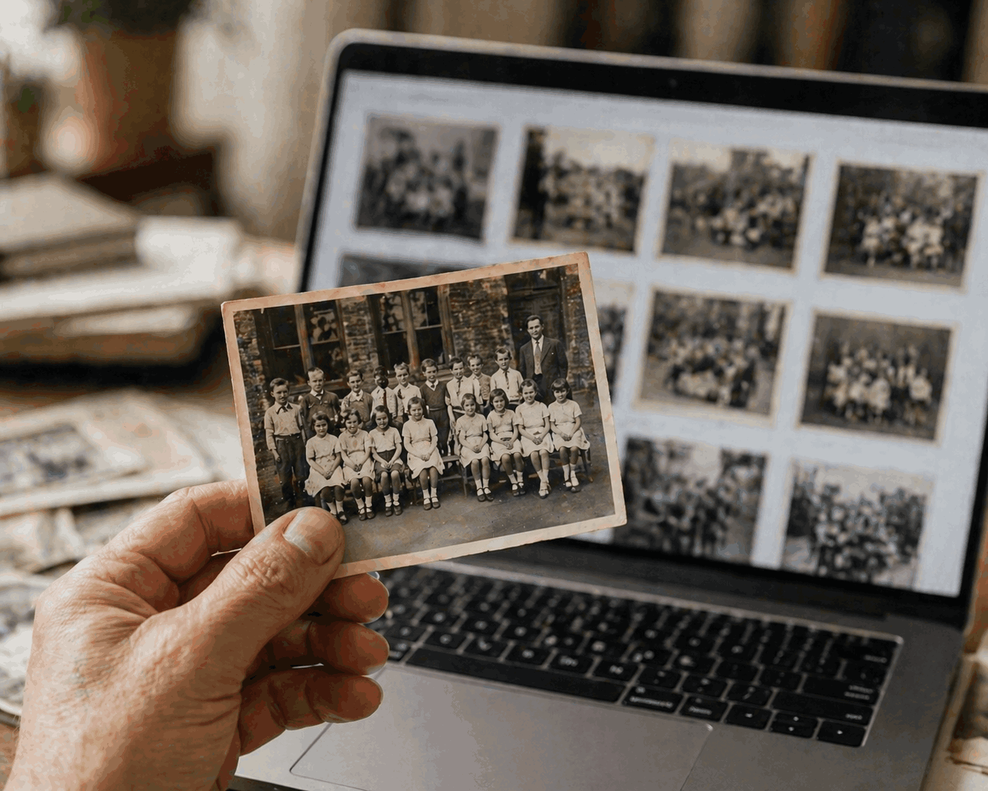 Hand holding a vintage black and white school photograph in front of a laptop displaying a digital photo gallery, illustrating the transition from physical archives to digital collections.