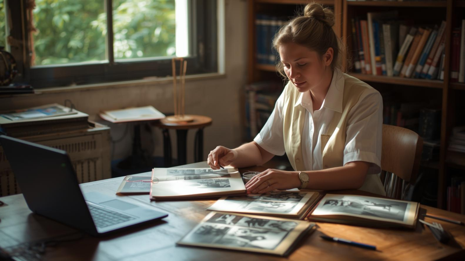 School staff member reviewing old photographs and yearbooks at a table with a laptop, beginning to organise a digital archive.