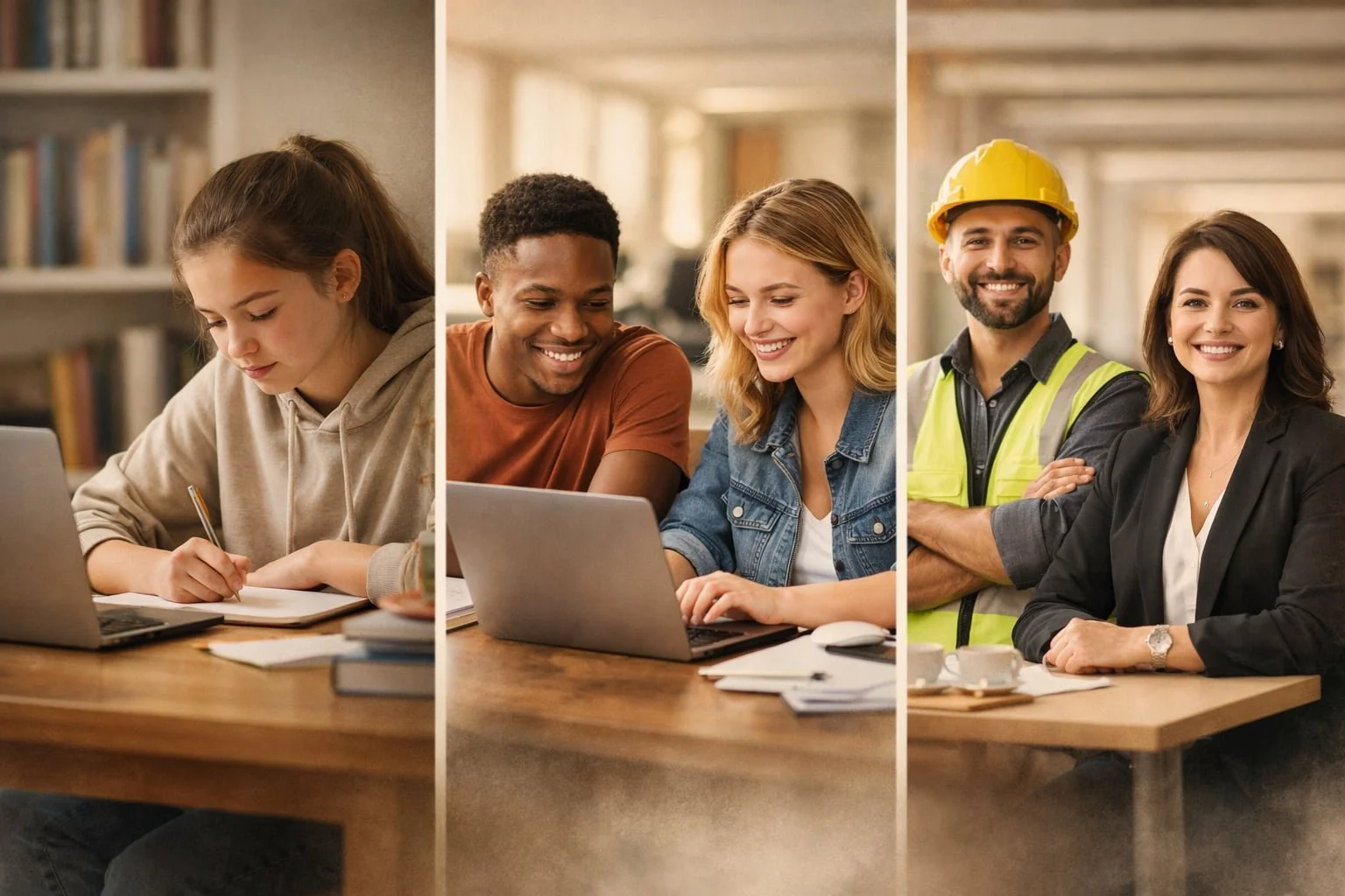 Image showing progression from student studying to young adults collaborating to professionals in different careers, representing alumni career pathways and outcomes