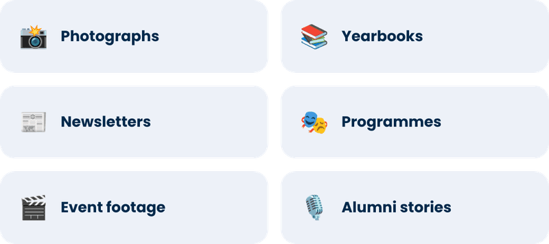 Content types brought together in a SocialArchive anniversary archive: photographs, yearbooks, newsletters, programmes, event footage and alumni stories