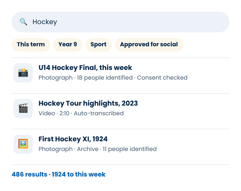 SocialArchive search for hockey showing this week’s match photographs, a 2023 tour video and a 1924 team photograph from the school archive, all in one library