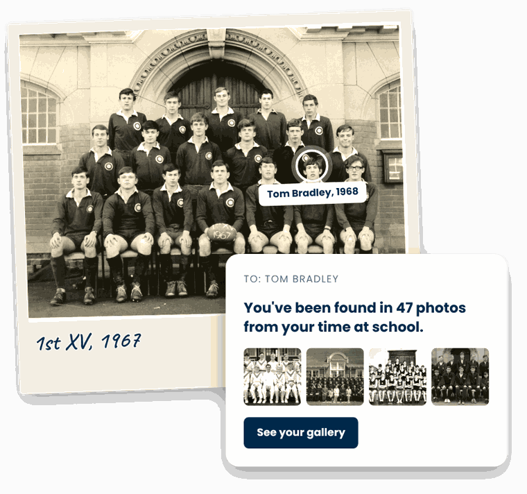 1967 school rugby team photo with one former pupil identified by facial recognition, beside a notification telling him he's been found in 47 archive photos.