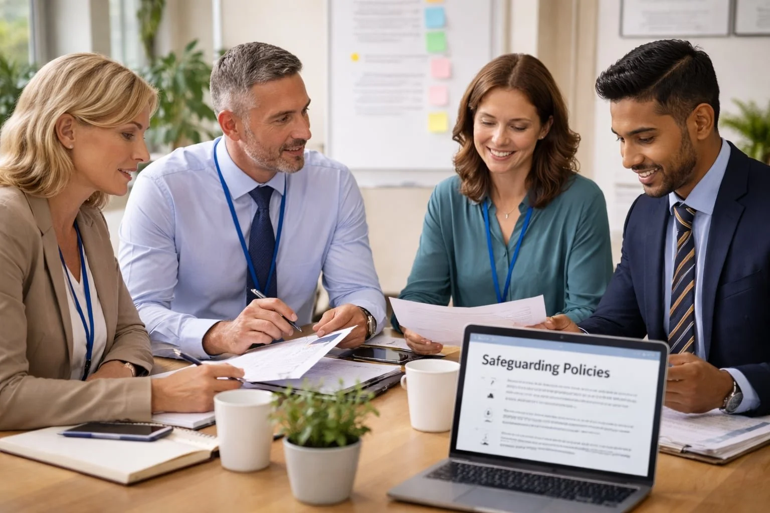 School leadership team reviewing safeguarding policies together with laptop during a meeting