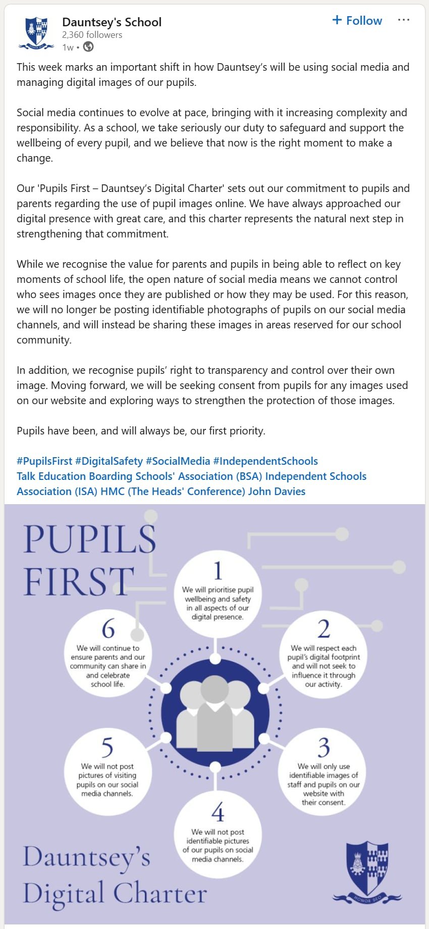 Screenshot of Dauntsey’s School LinkedIn post announcing its Pupils First digital charter and changes to sharing student photos online