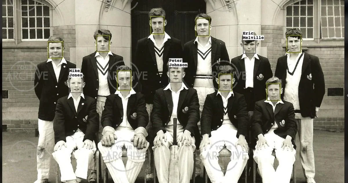 Vintage school cricket team photo from a digital archive, with facial recognition marking identified and unidentified pupils