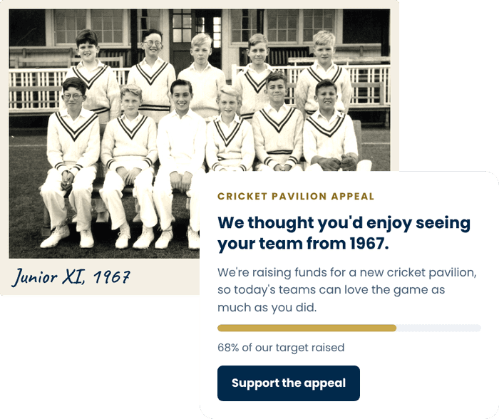 A 1967 school cricket team photo beside an appeal email inviting the former players to support a new cricket pavilion.