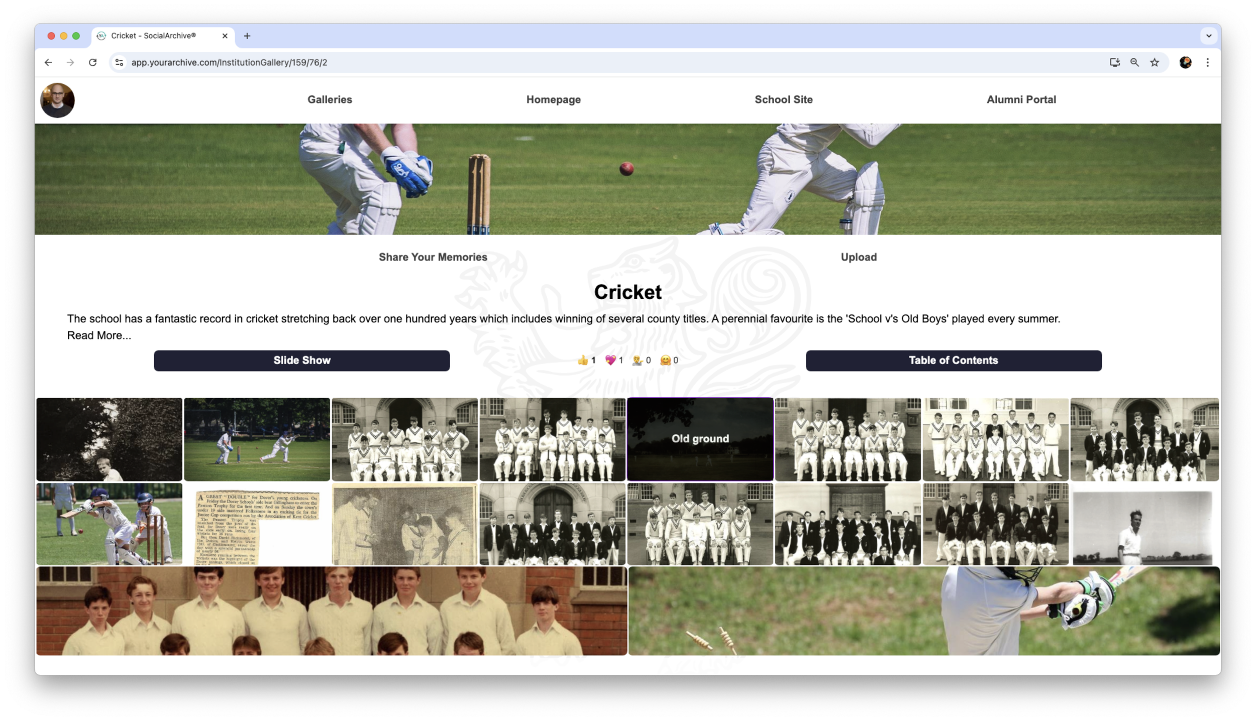 A searchable digital archive of school cricket photographs, organised by decade and player, enabling alumni to rediscover and contribute memories.