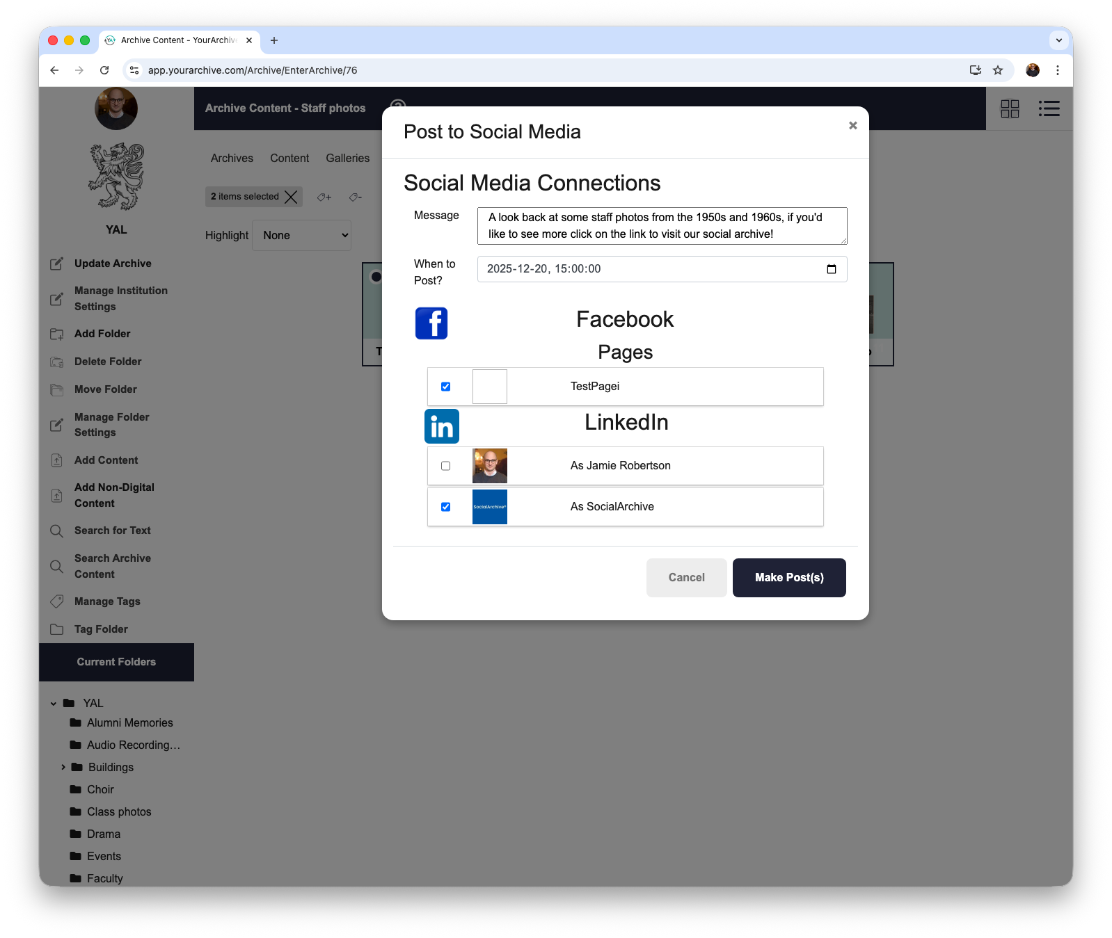 An image of the direct posting to social media, for posting archival content to your social channels.