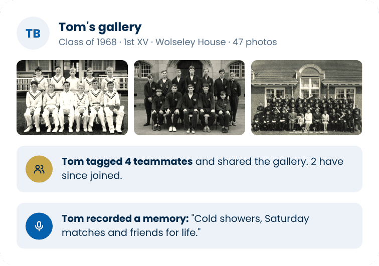 A former pupil's personal gallery of school archive photos, showing he has tagged four teammates and recorded a memory of his school days.