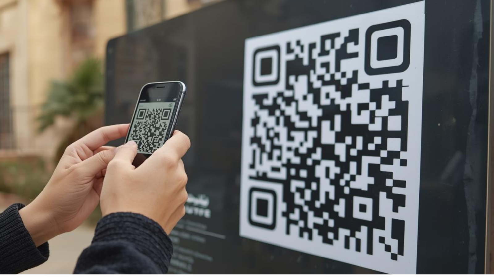 Someone scanning a QR code on a school campus with their phone. The QR code links to a digital collection.