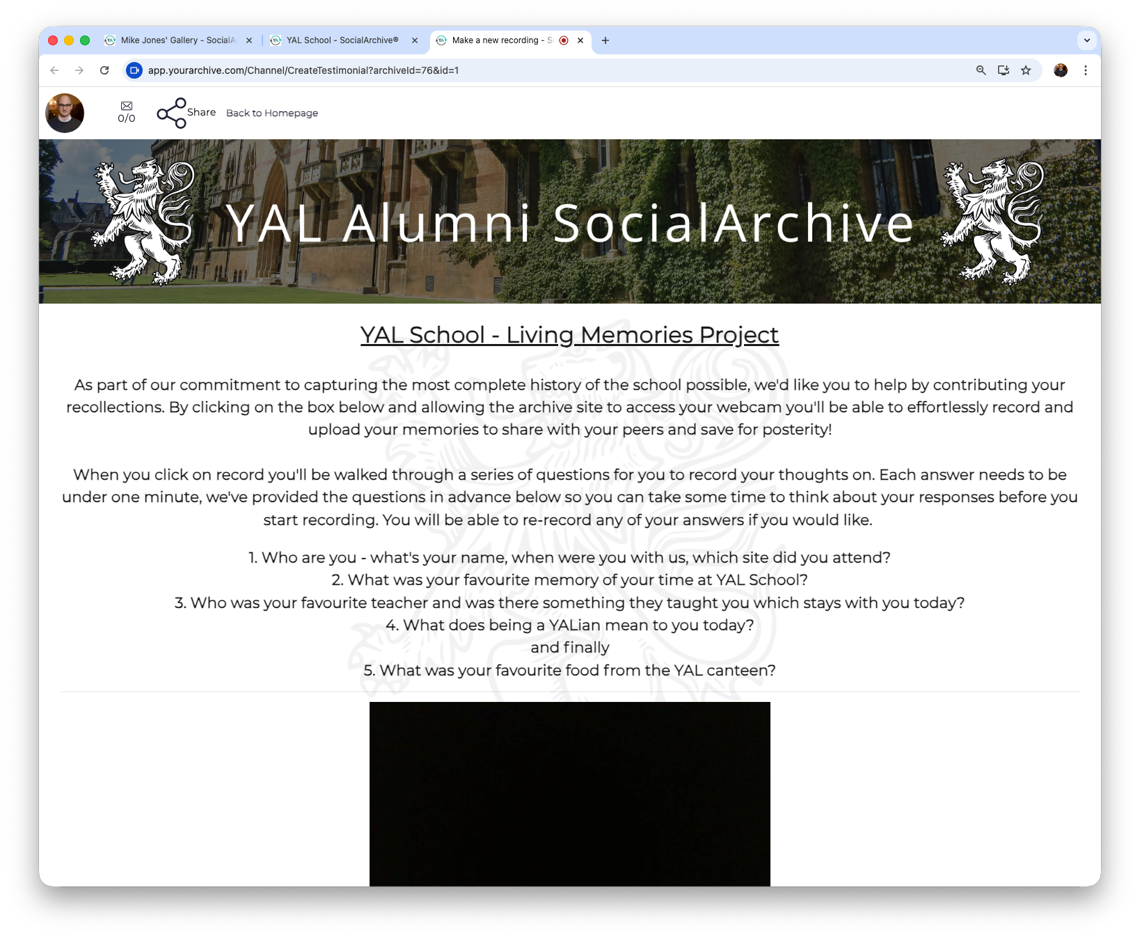 An example 'Living Memories Project' using SocialArchive to record audio and video memories from your school community