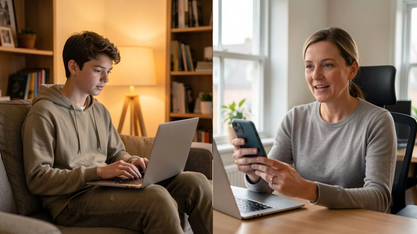 Careers library concept showing student exploring alumni career stories online and professional contributing remotely to careers programme