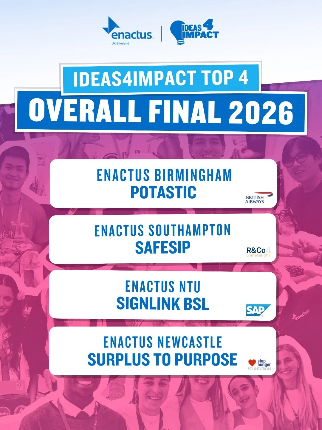 The wait is over! We are thrilled to announce the Top 4 Overall Finalists for this year&rsquo;s Ideas4Impact challenges!

Drum roll for the winners... 🥁

British Airways Better World: @enactus.birmingham &amp; Potastic

R&amp;Co4Gen Empowering Gener