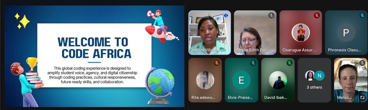 Screenshot of a virtual meeting with a presentation titled 'Welcome to Code Africa,' featuring cartoon characters, globes, and books, with several participants' video feeds and profile icons.