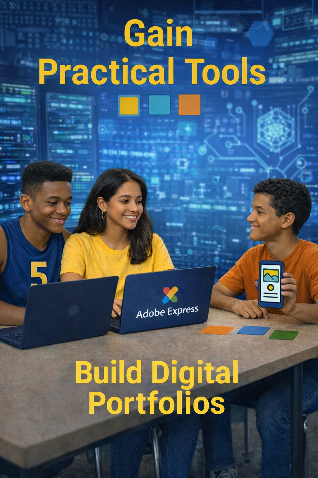Three young people sitting at a table with laptops, one showing a smartphone app, in front of a digital background with the text 'Gain Practical Tools' and 'Build Digital Portfolios'.