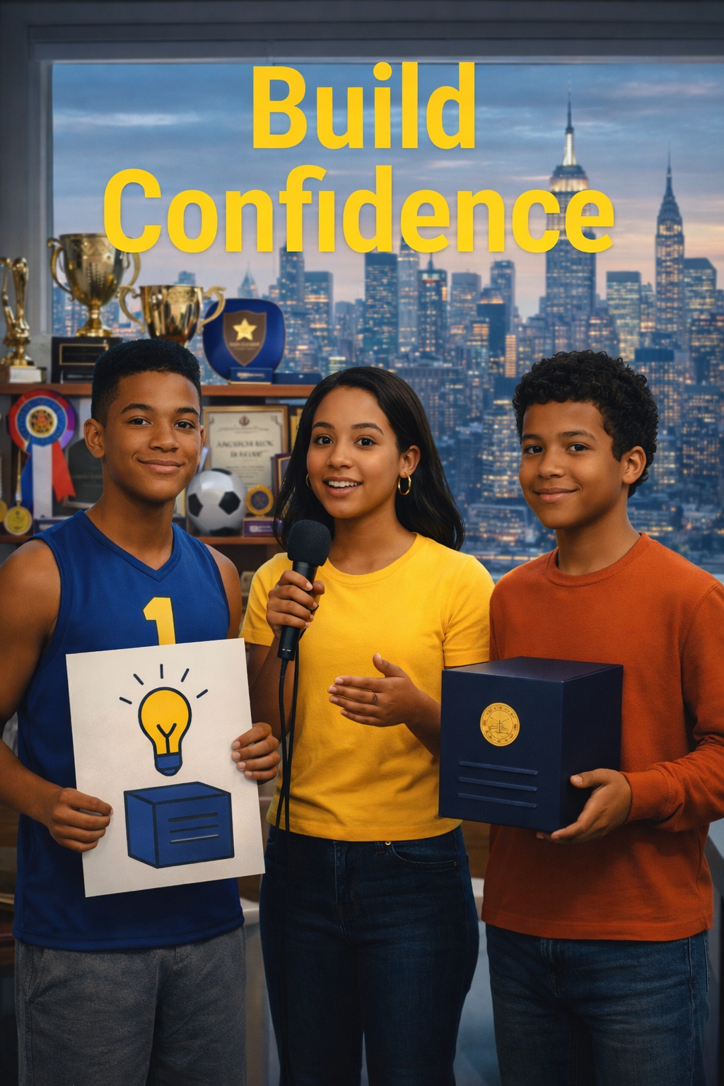 Three kids stand in front of a backdrop of a city skyline with awards displayed behind them. One boy wears a blue sports jersey with the number 1 and holds a sign with a lightbulb illustration. A girl in a yellow shirt holds a microphone, and another boy in an orange shirt holds a blue box. The text 'Build Confidence' is overlayed at the top.