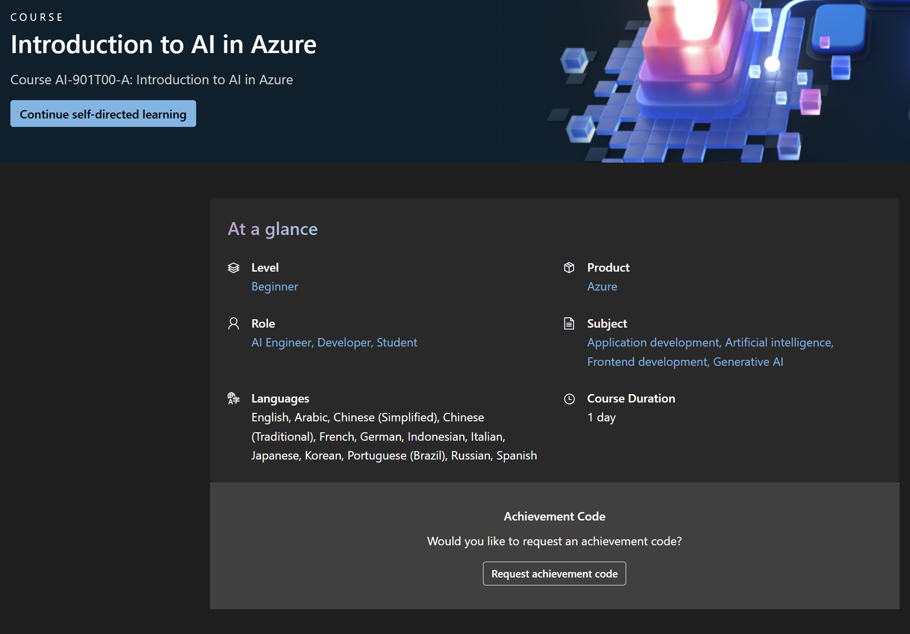 Screenshot of an online course page titled 'Introduction to AI in Azure,' featuring a digital graphic of interconnected glowing cubes, with a button inviting to 'Continue self-directed learning.' The course details include level, roles, languages, product, subject, duration, and an option to request an achievement code.