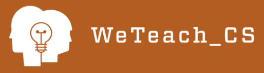 Logo featuring two white silhouettes of human heads facing each other with a light bulb between them, on a brown background with the text 'WeTeach_CS'