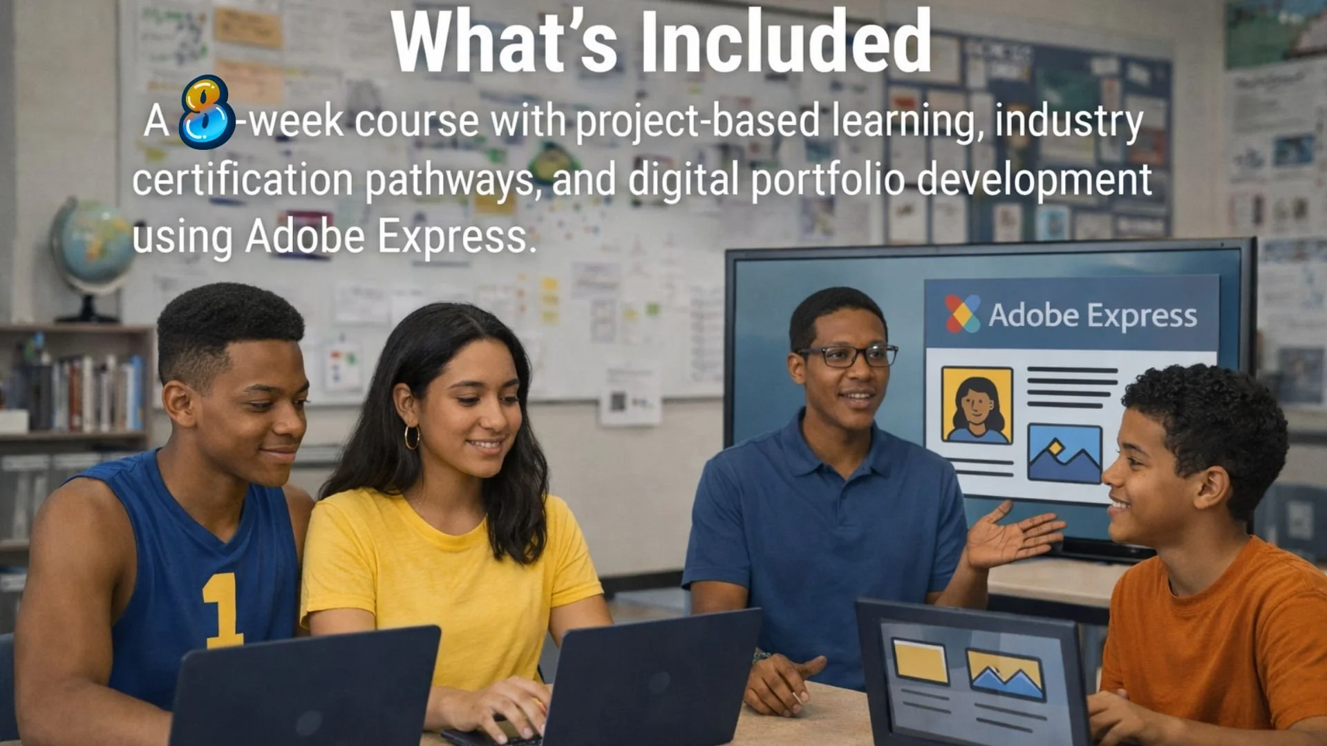 Four students sitting at a table in a classroom with laptops, discussing a presentation on Adobe Express. A large screen behind them displays the Adobe Express logo and graphic design elements.