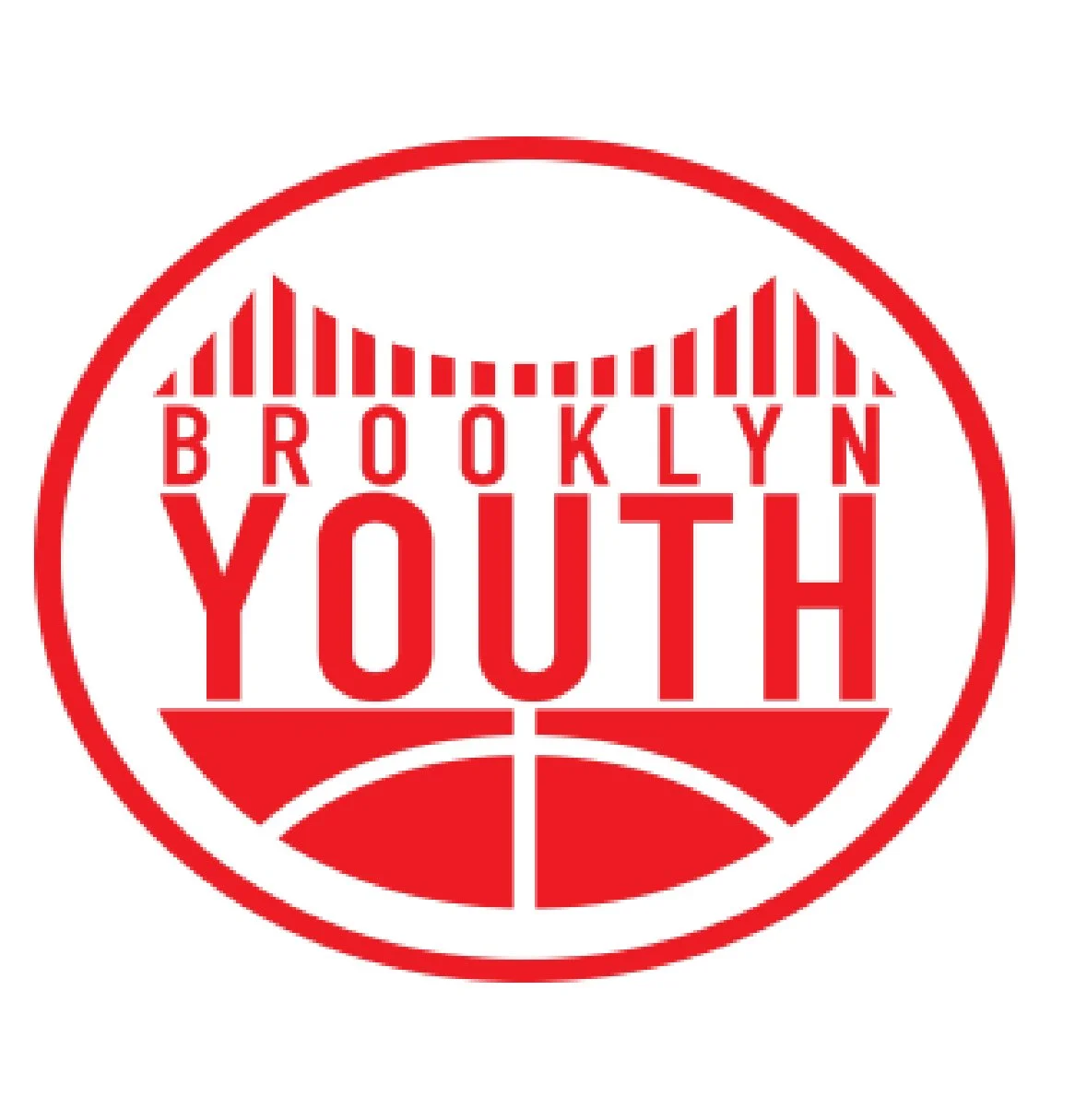 Red circular Brooklyn Youth logo featuring stylized bridge and basketball court elements.