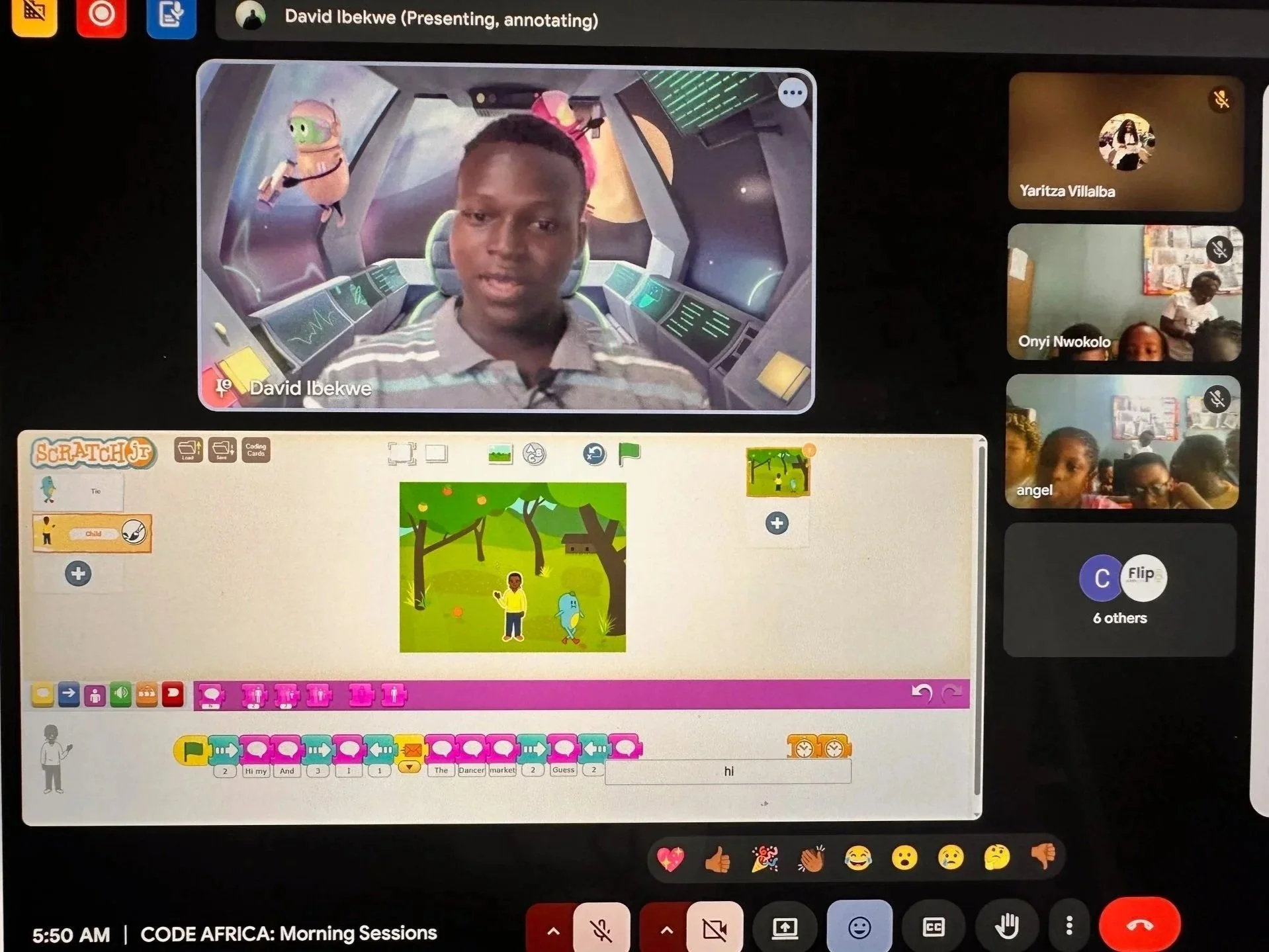 A screenshot of a virtual meeting with multiple participants, including a young boy in a spaceship background, two children, and a woman in a classroom setting. The screen displays colorful icons, chat messages, and emojis.