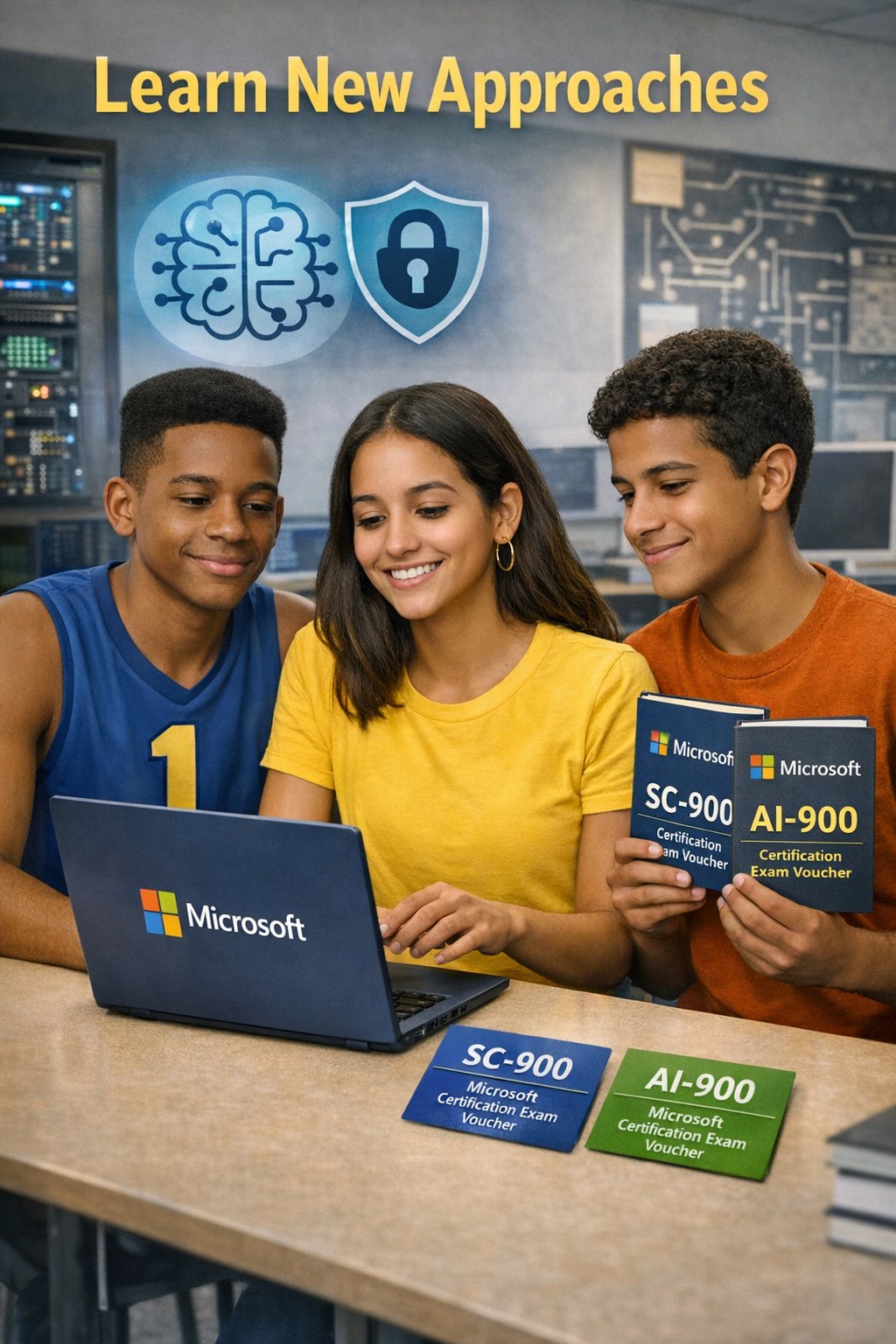 Three young students, two boys and a girl, sitting at a table with a laptop and exam vouchers in a computer lab. The boy on the left is wearing a blue sports shirt with the number 1, the girl in the middle is in a yellow shirt, and the boy on the right is in an orange shirt holding Microsoft certification vouchers. The background includes circuit diagrams and server racks. The text above reads 'Learn New Approaches' along with icons of a brain and shield with a lock.