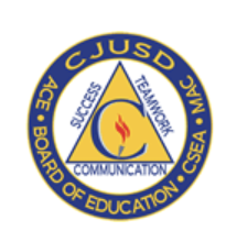 CJUSD emblem with a blue and gold circular border, a triangle in the center, and words like ACE, Success, Teamwork, Communication, and Board of Education.