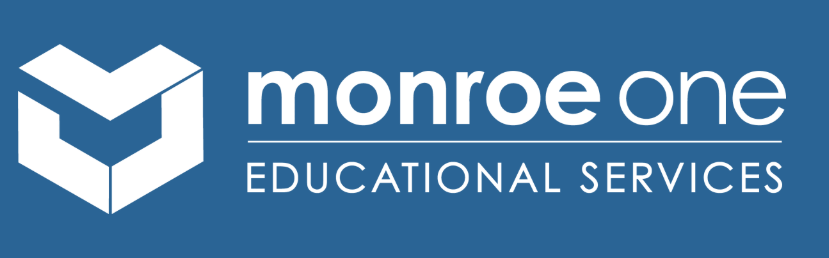 Monroe One Educational Services logo with a blue background, white geometric design, and text.
