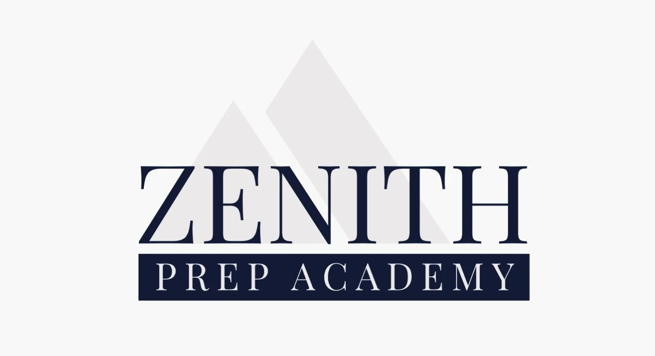 Logo of Zenith Prep Academy with stylized mountain peaks in light gray in the background.
