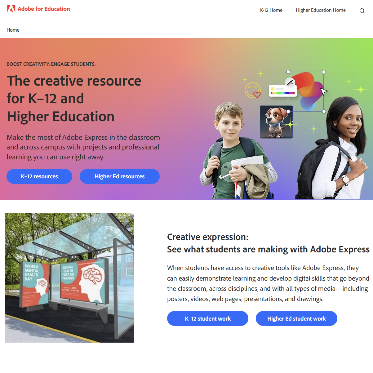 A webpage highlighting Adobe Express resources for K-12 and higher education students, featuring a colorful background with students, digital tools, and creative projects.