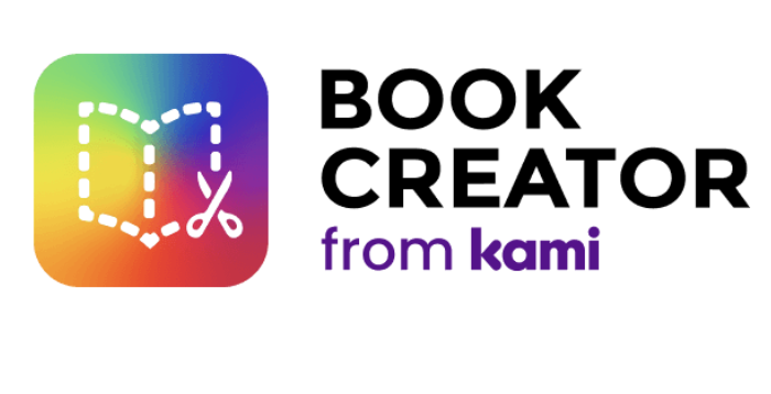 Logo for Book Creator from kami, featuring a rainbow-colored square with a dotted outline of an open book and scissors, accompanied by the text "BOOK CREATOR from kami".