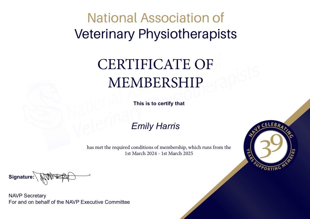 After meeting the required criteria, my membership with the NAVP National Association of Veterinary Physiotherapists (NAVP) has renewed for another year! 🦮 🐎 

The NAVP was founded in 1985, and this year celebrates 39 years of promoting professiona