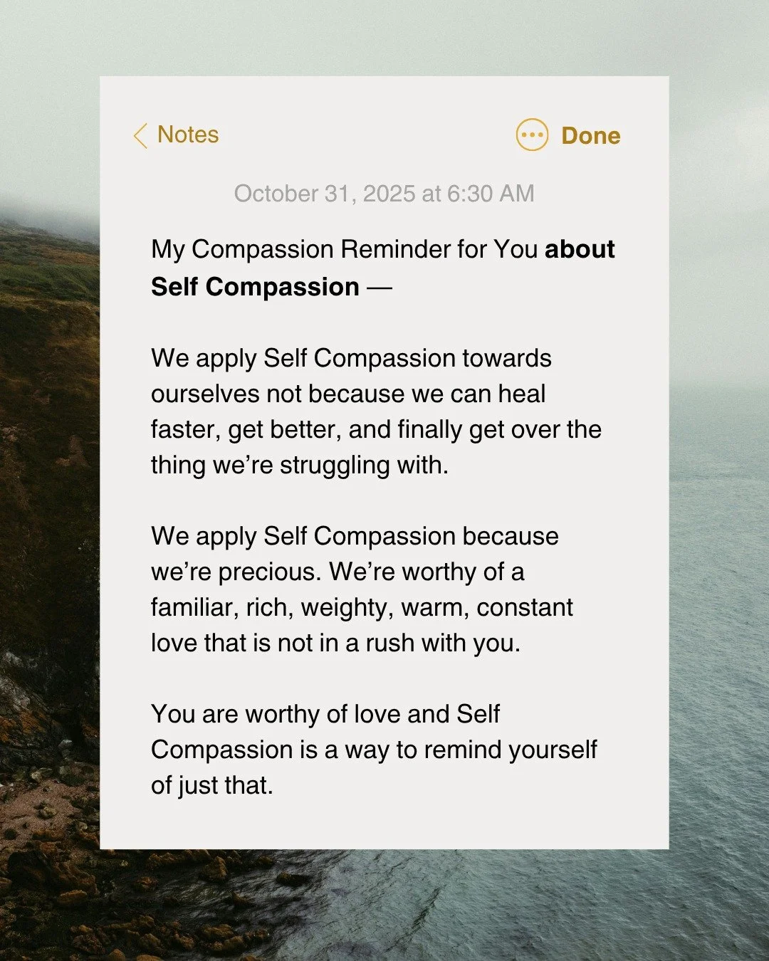 📌 A Compassion Reminder for: Self Compassion

&ldquo;We apply Self Compassion towards ourselves not because we can heal faster, get better, and finally get over the thing we&rsquo;re struggling with.

We apply Self Compassion because we&rsquo;re pre