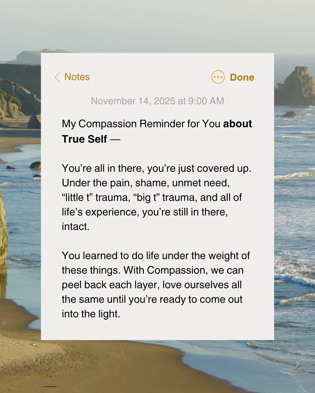 📌 A Compassion Reminder for: True Self

&ldquo;You&rsquo;re all in there, you&rsquo;re just covered up. Under the pain, shame, unmet need, &ldquo;little t&rdquo; trauma, &ldquo;big t&rdquo; trauma, and all of life&rsquo;s experience, you&rsquo;re st
