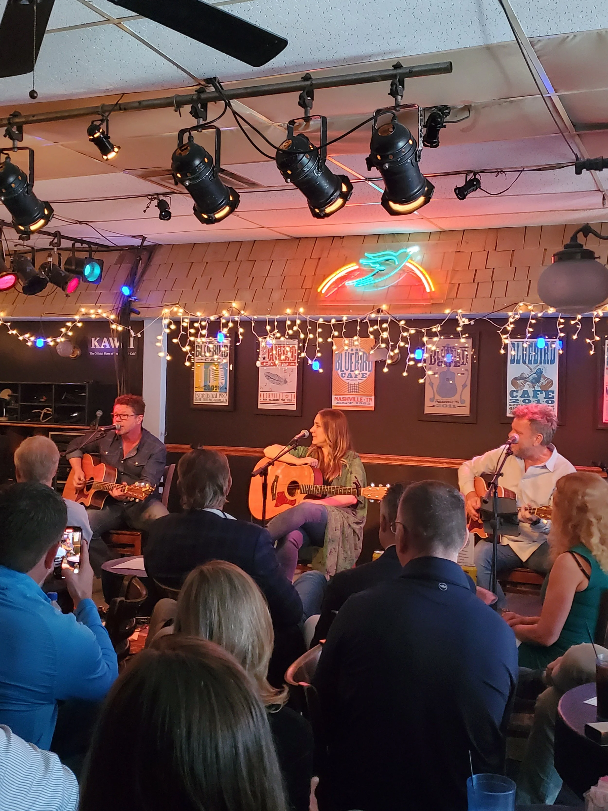 Private concert at The Bluebird Cafe with singer songwriters Lee Thomas Miller, Wendell Mobley, and Kelly Archer. Catering by Hattie B's. Nashville 2022.