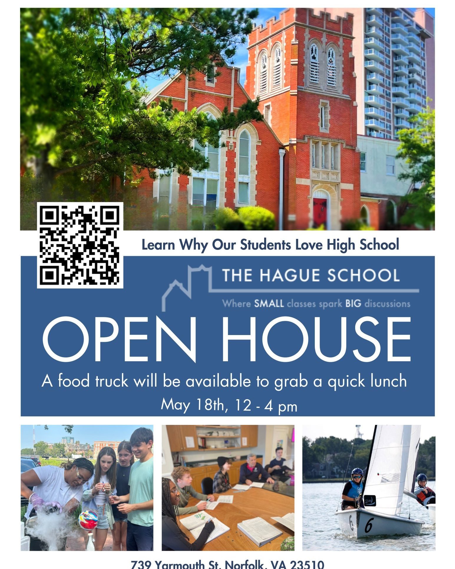 Join us for an open house on May 18th from 12 pm - 4 pm. Tour our historic campus, observe a Harkness discussion, grab a quick lunch from a food truck, and view a dress rehearsal of the one-act play, Burglars, Bunglers, and Neighborhood Thieves, THS 