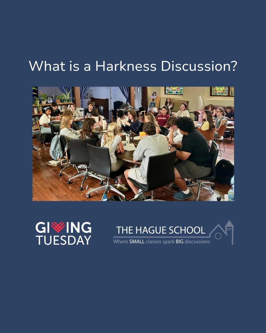 Harkness Discussion is The Hague School's pedagogical model for learning where student engage in collaborative classroom interactions around a conference-style table with their teacher in discussion. This approach results in students capturing the kn