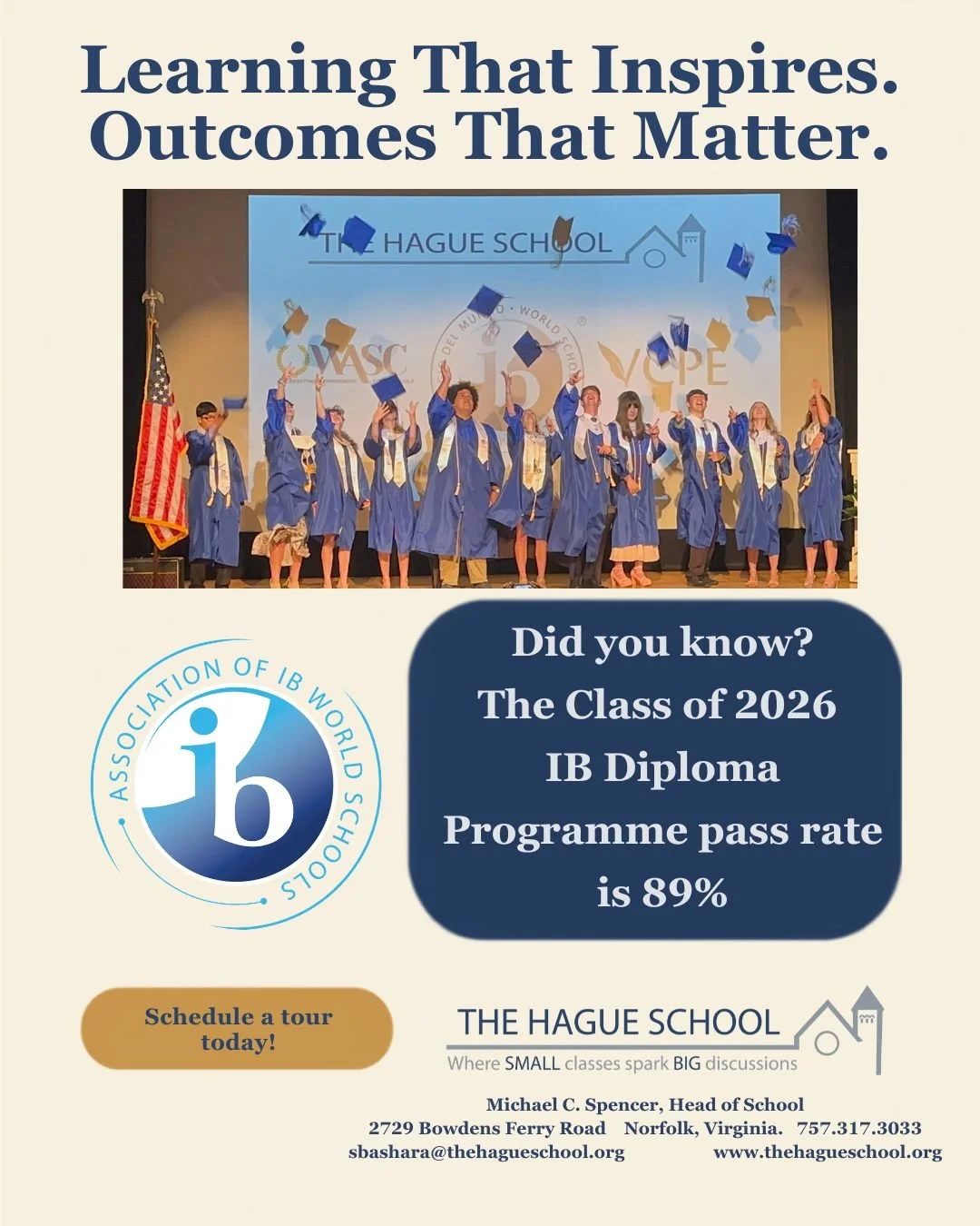 We are very proud of the Class of 2026 for earning their IB Diploma's.  Results were released in early July 2026!  Two years of hard work, along with outstanding teachers, our IB Diploma pass rate is 89%! 

PS.  The worldwide pass rate is 82.61% 

#t