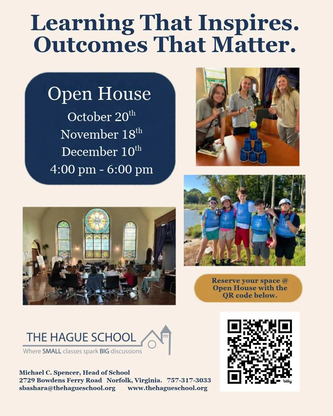 📣 Join us for the The Hague School Open House!

Visit our school, meet our Head of School &amp; staff, and learn what makes THS an innovative and engaging place to learn!  Register with the QR code or online. 

📅 October 20 | ⏰ 4-6 PM | 📍 The Hagu