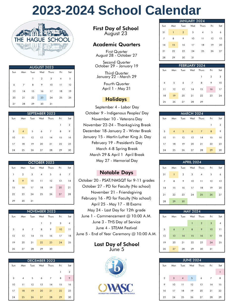 2023-2024 School Calendar — The Hague School