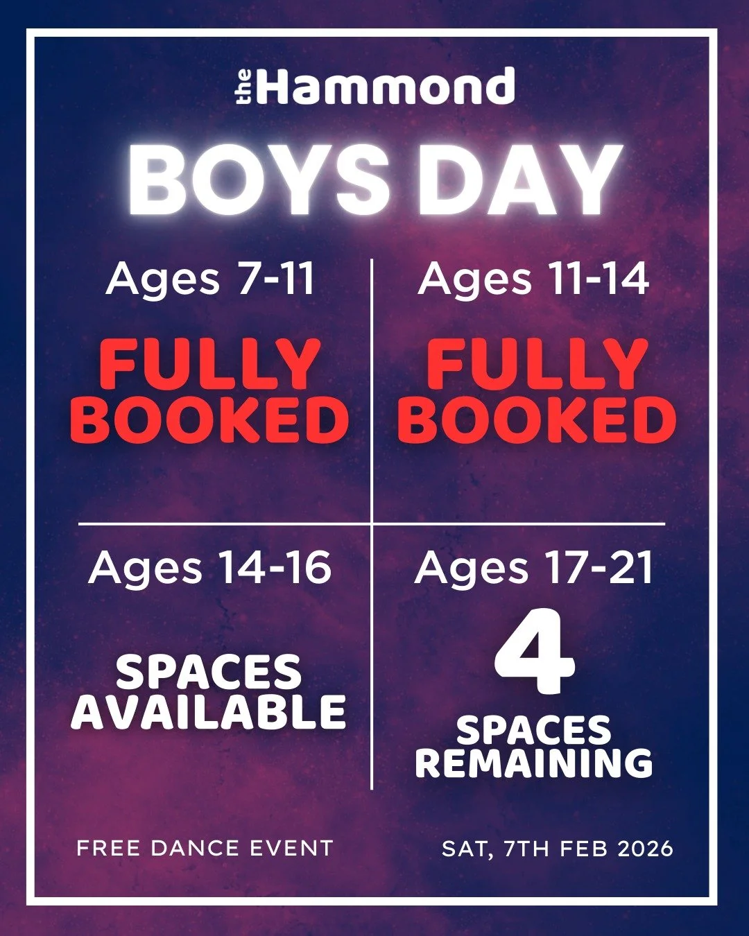 We can&rsquo;t thank you enough for the incredible support for The Hammond's Boys Day 2026 🤍

With such an amazing response, we&rsquo;ve now expanded our age brackets to allow even more dancers the opportunity to experience what promises to be an in