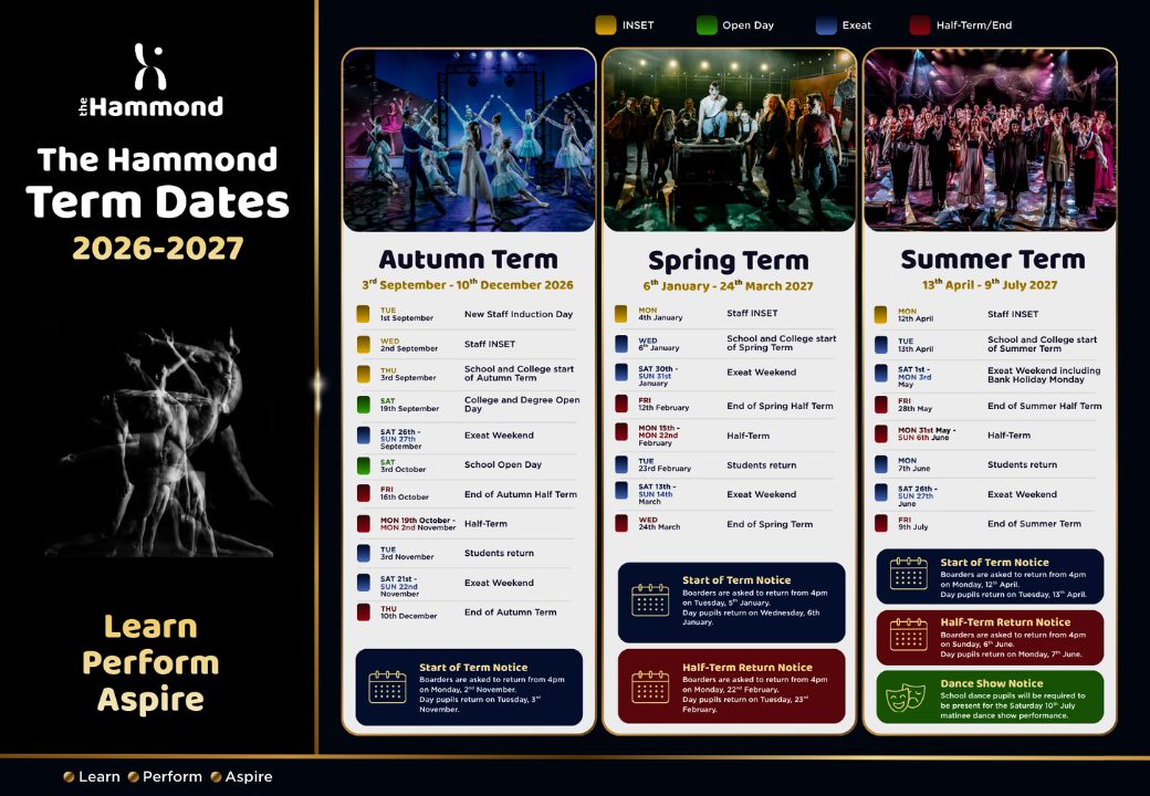 School term calendar for Hammond school for the 2026-2027 academic year, displaying autumn, spring, and summer terms with dates, break periods, and important notices included.