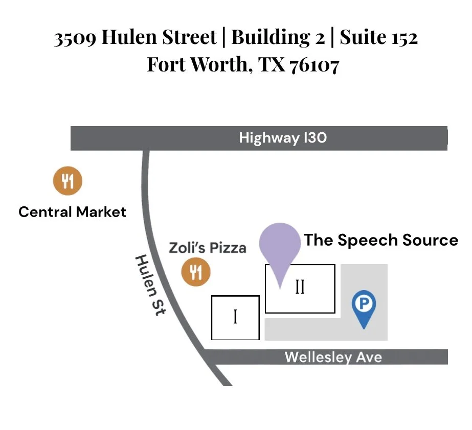Map of a location at 3509 Hulen Street, Fort Worth, Texas, showing nearby streets Highway 130, Hulen Street, and Wellesley Avenue. Marked points include Central Market, Zoli's Pizza, The Speech Source, and parking area.