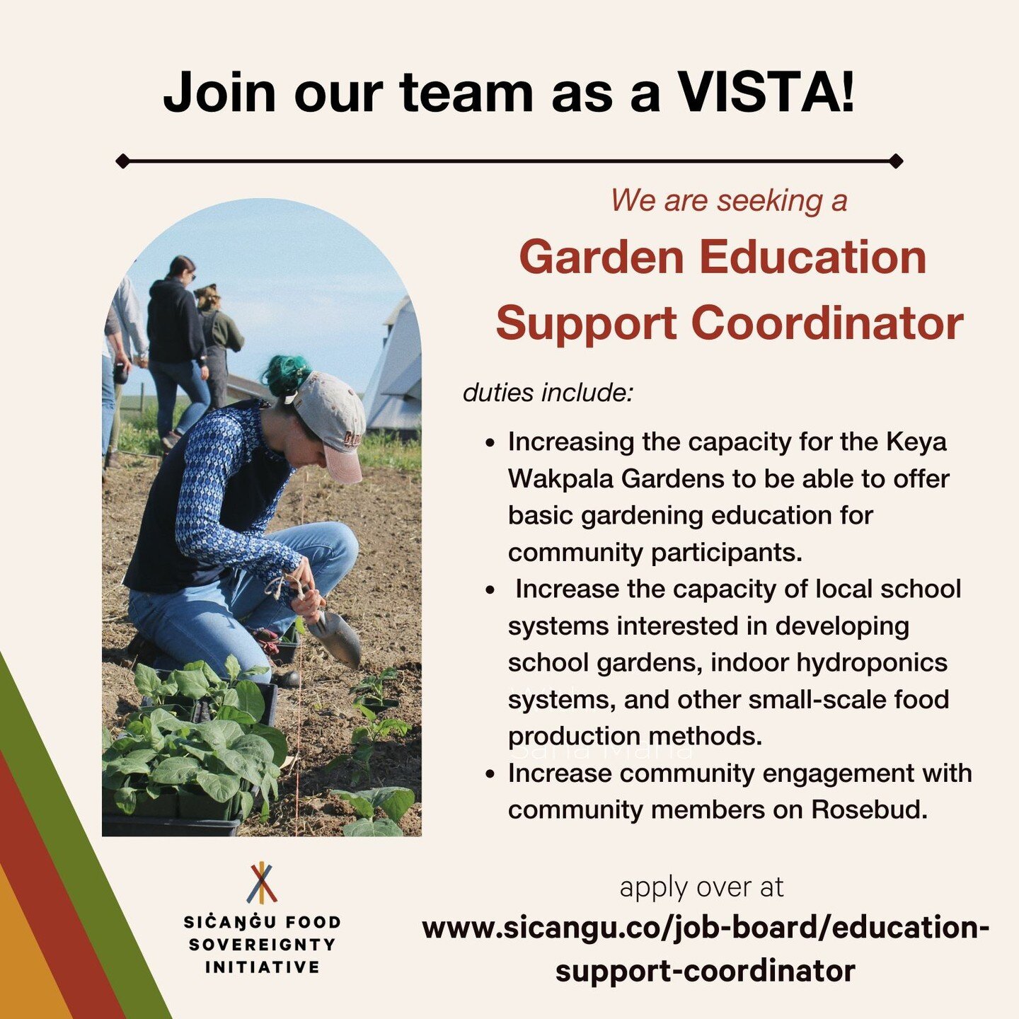 Join our Siċaƞġu Food Sovereignty team as an AmeriCorp VISTA!

We are currently seeking a Garden Education Support Coordinator.

You can find a full description of duties and apply by visiting link in bio!