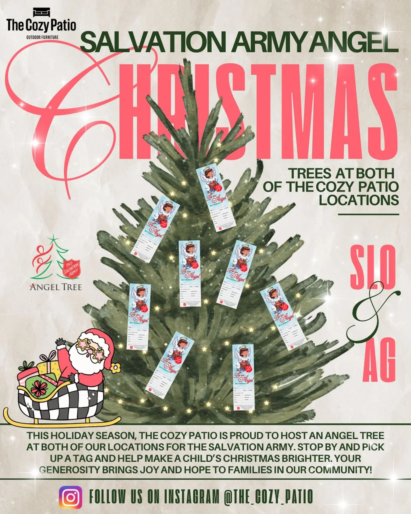 The Cozy Patio is proud to host Salvation Army Angel Trees at BOTH of our locations this holiday season! 
🎄
Stop by, pick up a tag, and help make a child&rsquo;s Christmas a little brighter. ⭐️
🎄
Your generosity brings joy and hope to families in o