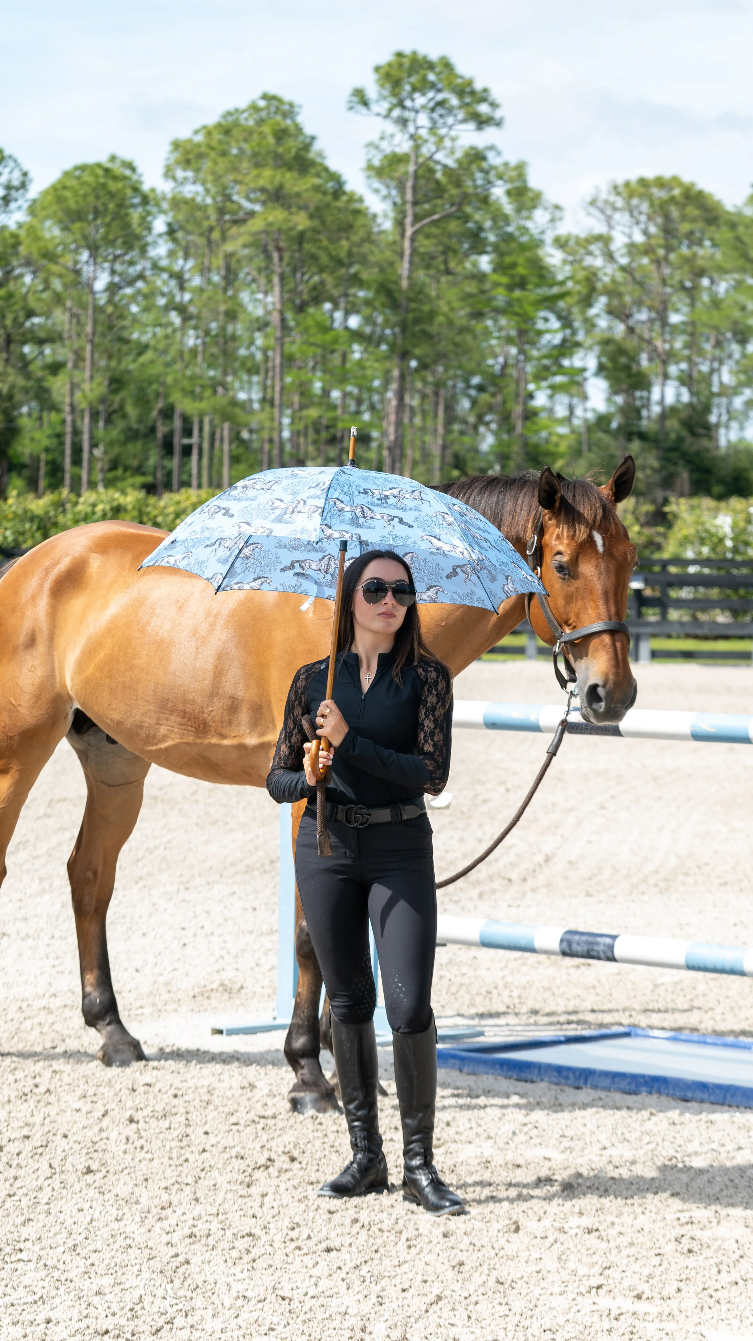 A woman dressed in black riding attire holding an umbrella in front of a brown horse on a riding arena with trees in the background.